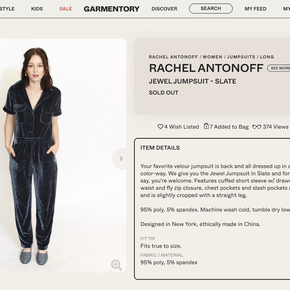 Rachel Antonoff Velvet Jumpsuit - Size XS